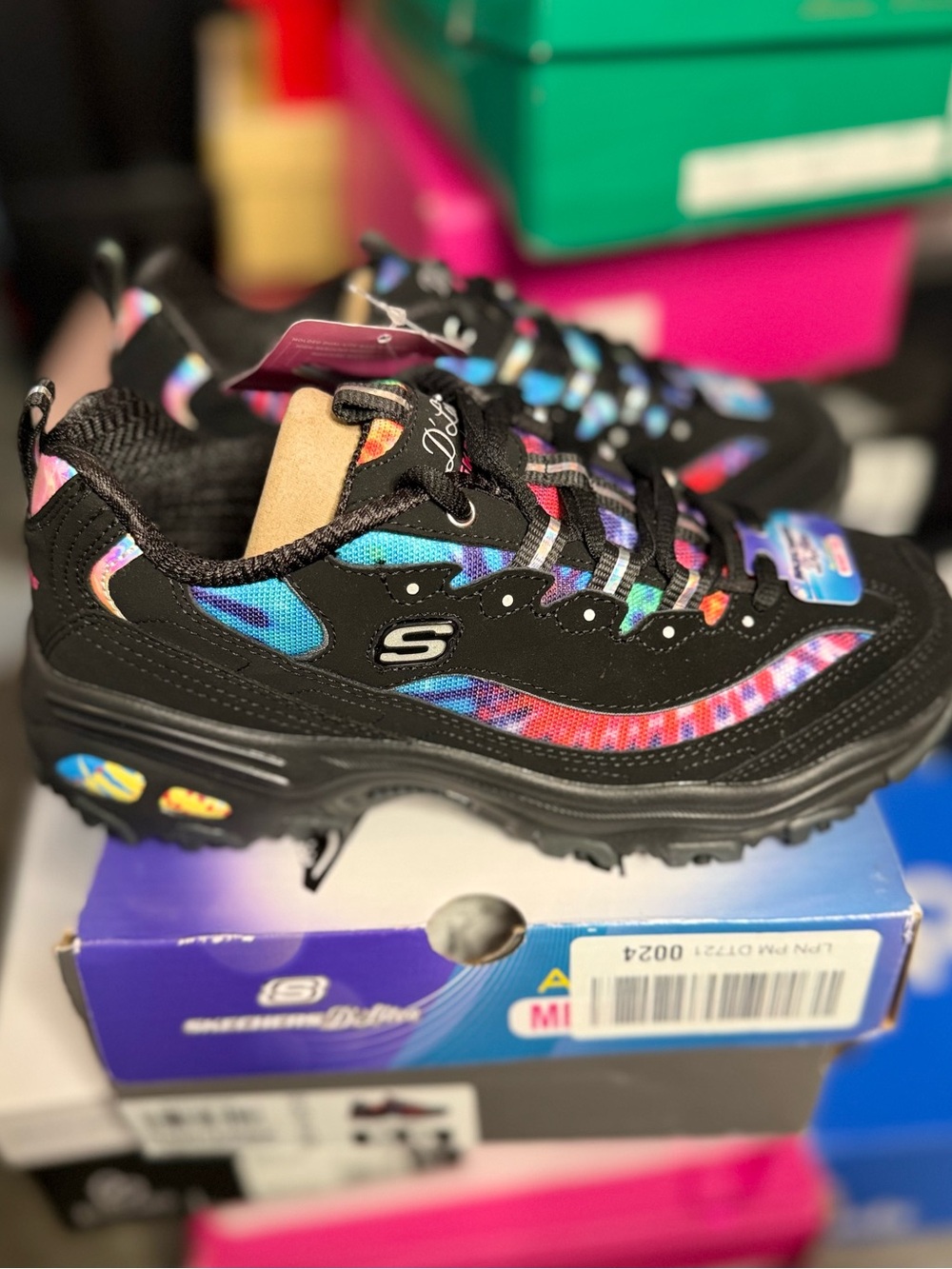 New Skechers Kids Black Sneakers with Rainbow Accent Detail Size 6.5